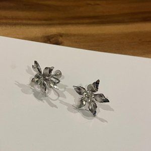 Signed B.N. Silver Tone / Rhinestone Flower Screw On Non Pierced Earrings